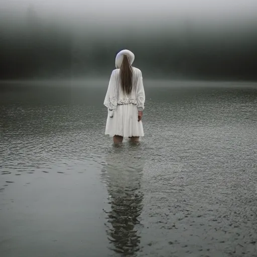 Image similar to a woman, standing in shallow endless water, foggy, backlit, backlit, photo by Marat Safin, Canon EOS R3, f/1.4, ISO 200, 1/160s, 8K, RAW, unedited, symmetrical balance, in-frame