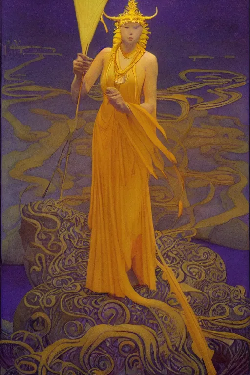 Image similar to lost queen of the night river with her scepter, by Nicholas Roerich and jean delville and Maxfield Parrish, dramatic cinematic lighting , ornate headdress , lost civilizations, extremely detailed, unreal engine