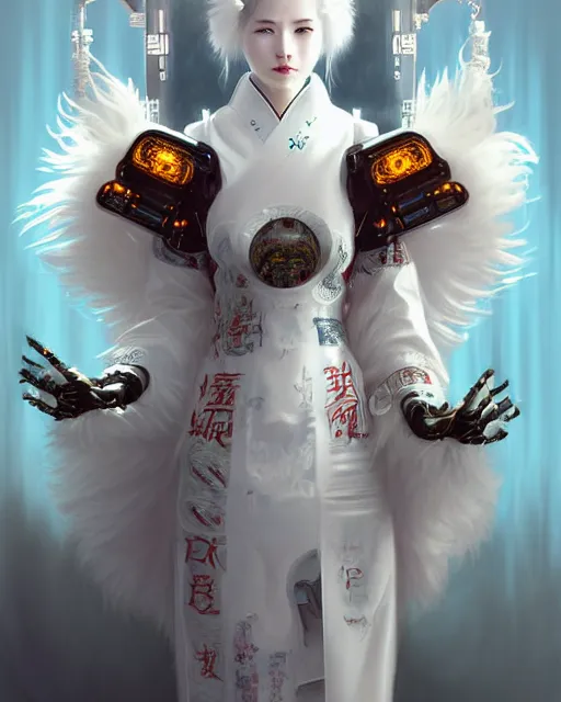 Image similar to portrait of a fluffy white cat cyberpunk machine, machine face, robed, upper half portrait, decorated with chinese opera motifs regal asian machine robot cyberpunk fine china, wuxia, traditional chinese art intricate intense elegant highly detailed digital painting artstation concept art smooth sharp focus illustration, art by artgerm and greg rutkowski alphonse mucha 8 k