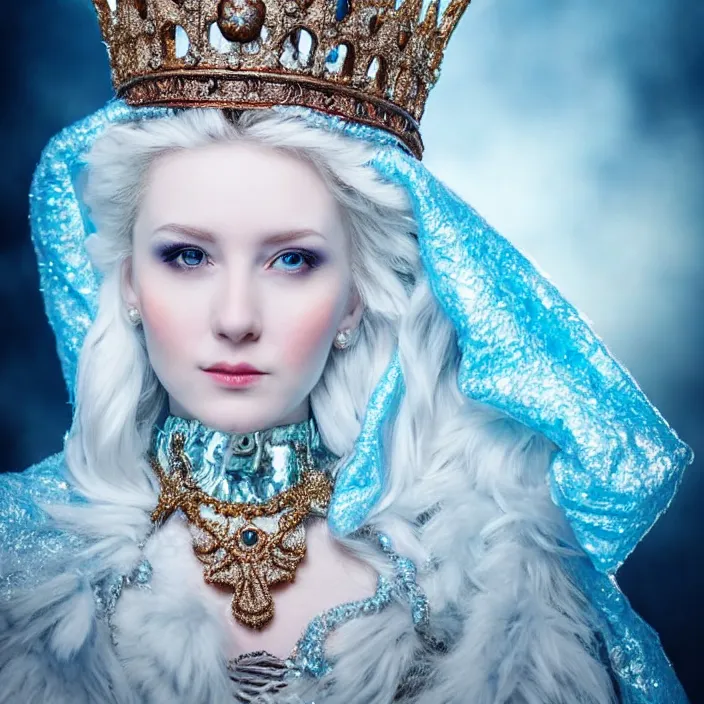 Prompt: portrait photograph of a real-life extremely beautiful!! ice queen with ornate cloak and crown, looking at the camera!!. Extremely detailed.