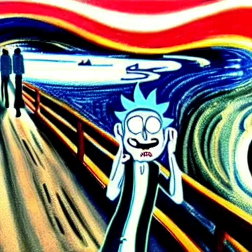 Image similar to rick sanchez from rick and morty in edward munch's scream painting