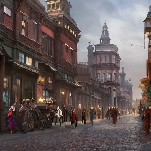 Image similar to street of victorian city, happy, a lot of people, realistic, 8 k, detailed, concept art, trending on artstation