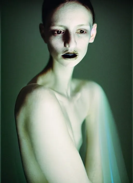 Image similar to kodak portra 4 0 0 photo portrait of a beautiful woman in style of paolo roversi antoine d'agata, lightpainting motion blur, dress in white, elegant, soft coloured gel lighting black background, highly detailed, sharp focus, ethereal, out worldly colours, emotionally evoking, head in focus, soft blur coloured gel light dreamy, volumetric lighting