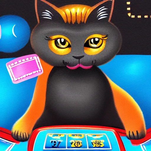 Prompt: cute fuzzy anthromorphic black cat sitting up playing a slot machine with las vegas casino background detailed painting 4 k