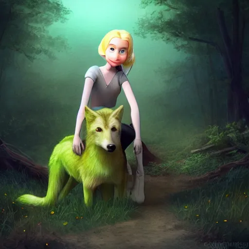 Prompt: medium shot young girl, blond hair green eyes, astride a gray wolf, in a dark forest, mysterious, backlit, perfact face, beautiful still from a pixar dreamworks movie, trending on artstation