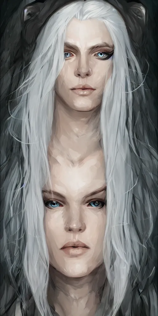 Image similar to white haired elven woman, wearing a wolf pelt, upper half portrait, centered, muscular, dnd, intricate, highly detailed, sharp, digital painting, artstation, cell shading