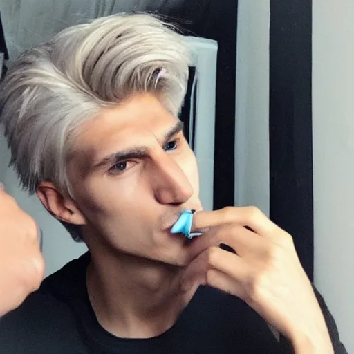 Image similar to a closeup photo of handsome gigachad xqc smoking