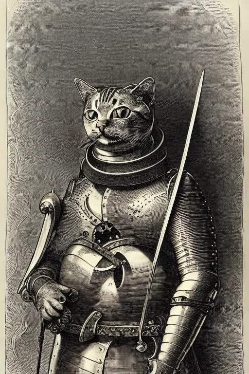 Image similar to engraving portrait of humanoid cat in medieval armoury by gustave dore