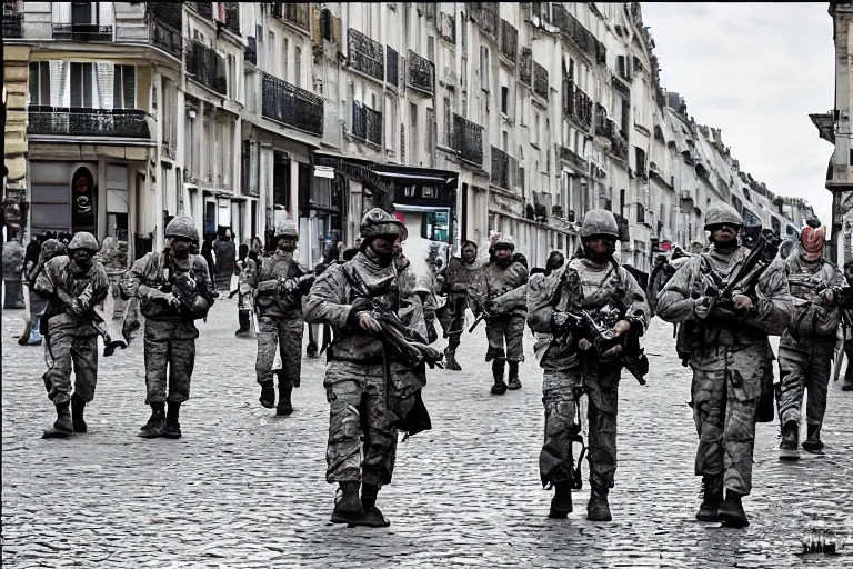 Prompt: soldiers fighting in the street of Paris, photography photorealism, photojournalism