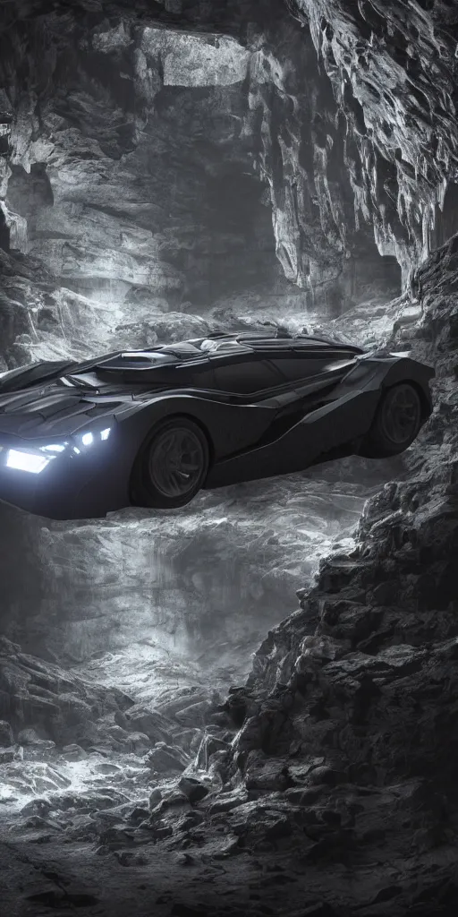 Image similar to the batmobile standing in a very dark and wet cave. highly detailed. intricate. mist. atmospheric. rim light. photorealistic. 8 k. monochrome. rays of light filling the cave. cinematic. matte painting. cinema 4 d. octane render. imagined by ash thorp. ambient occlusion. global illumination.