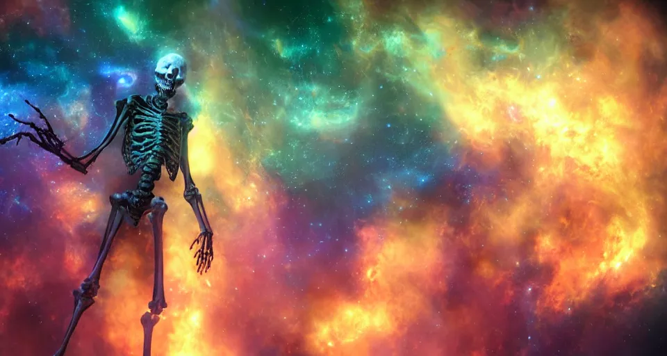 Prompt: a photo of one enormous humanoid pearlescent!! made of smoke!! skeletal cosmic!! old god!! floating in space!! in a nebula!!!!, 4 k, unreal engine, concept art, matte painting, cosmic horror!!, nightmare, color accents,