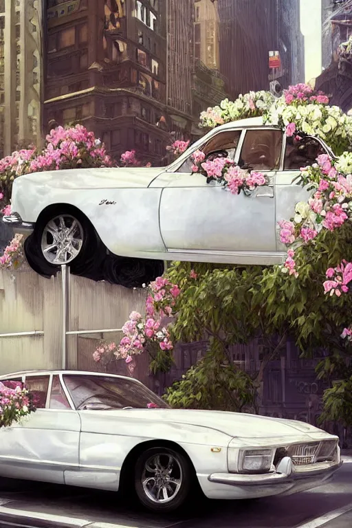 Prompt: ultra realistic illustration, old white vintage car in the new york city with flowers blooming out the window, side view, elegant, highly detailed, digital painting, concept art, smooth, sharp focus, illustration, art by artgerm and greg rutkowski and alphonse mucha