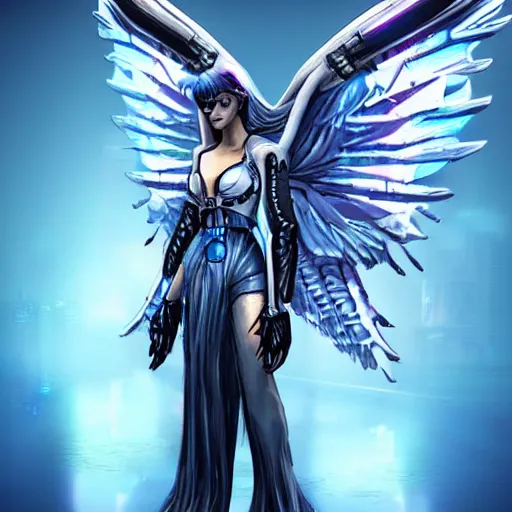 Image similar to a cyberpunk angel with machine wings