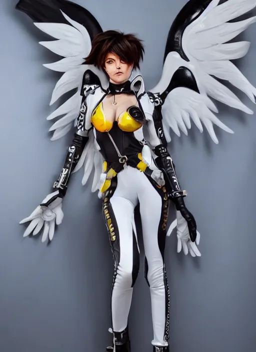 Image similar to full body artwork of tracer overwatch, wearing white latex and leather straps catsuit outfit, in style of mark arian, angel wings, dramatic painting, wearing detailed leather collar, chains, black harness, detailed face and eyes,