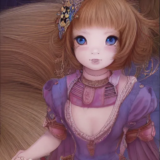 Image similar to character portrait of the capybara princess with gorgeous detailed eyes in the marketplace in the sky, color page, tankoban, 4 k, tone mapping, doll, akihiko yoshida, james jean andrei riabovitchev marc simonetti, yoshitaka amano, long hair, curly, greater capybara, giant cavy rodent, h. hydrochaeris