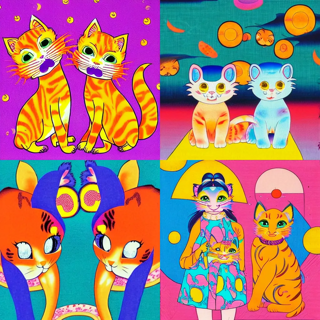 Prompt: “lisa frank Ukiyo-e painting of two orange kittens walking through a colorful 80s mall”