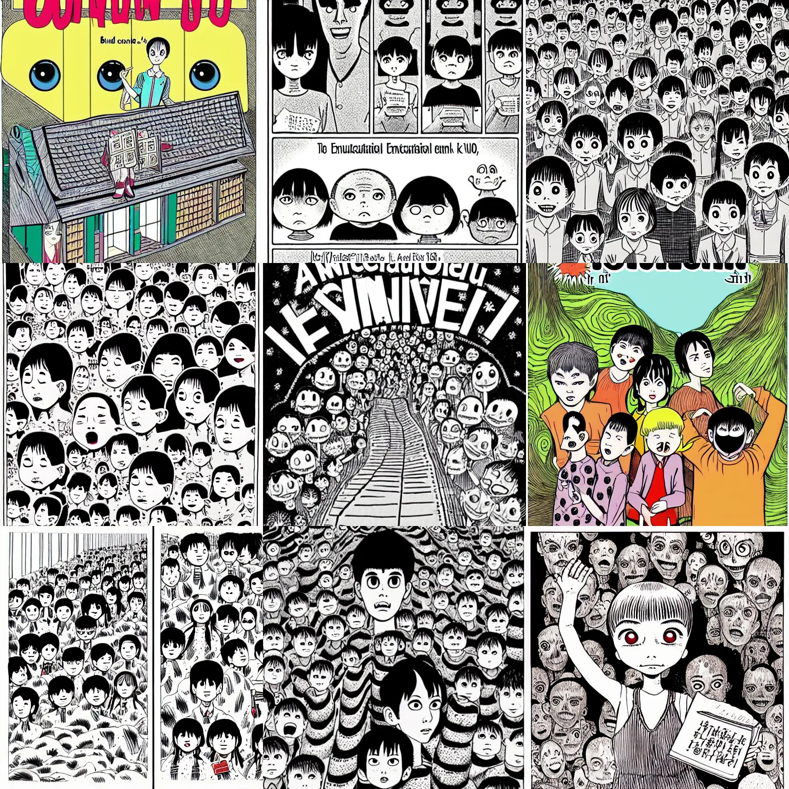 Prompt: an educational children's book illustrated by junji ito