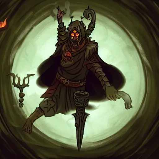 Image similar to a dark vile dungeon, dim magical torches glowing on walls, a robed necromancer casting a summoning spell in the middle of a magical runic circle, in the style of leif heanzo