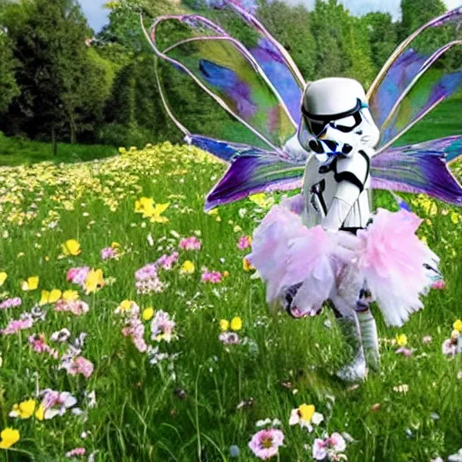 Image similar to little stormtrooper winged fairies, flying around the flowers in a sunny meadow