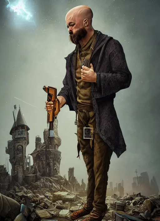 Prompt: portrait of a wizard holding a gun, the wizard has a half shaved head and tattoos, the wizard holding a pistol points downwards, the wizard holding a pistol is only one and stands in a ruined city. by Ciryl Rolando, hyperrealistic illustration, digital art, studio lightning, very detailed faces