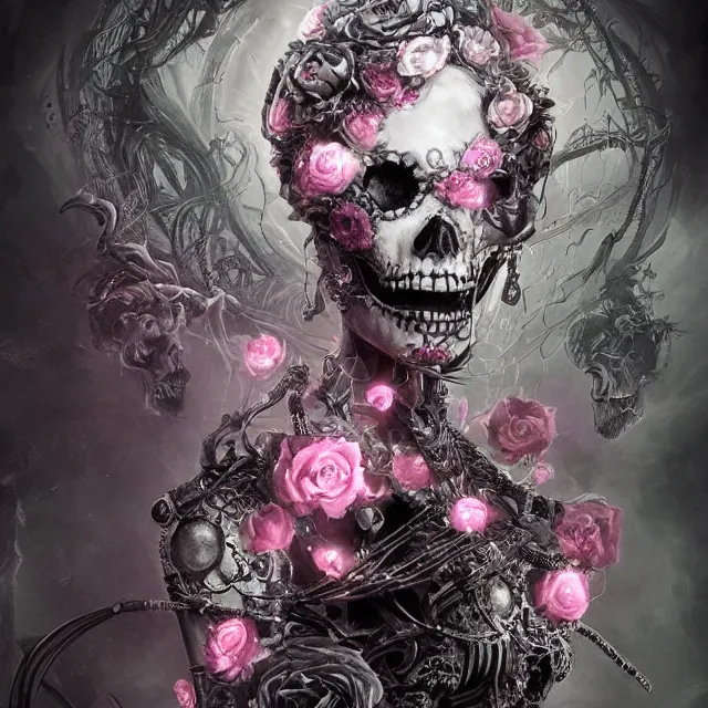 Prompt: a chaotic goddess of death skeleton as a heroine, intricate, elegant skull black rose s day of the dead atmospheric, dramatic, Trending on artstation. augmentations and cybernetic enhancements neon circuits, greg rutkowski , hyperrealist, cinema4D, 8k highly detailed