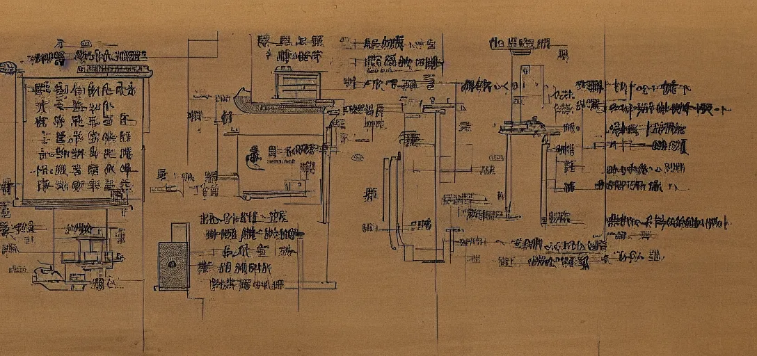 Image similar to detailed sktech of smarthone, laptop and pc on ancient manuscript, ancient chinese manuscript, ink manuscript, technical drawing blueprint