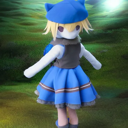 Image similar to cute fumo plush of a foxgirl adventurer, blue dress, three point lighting, dramatic, vray