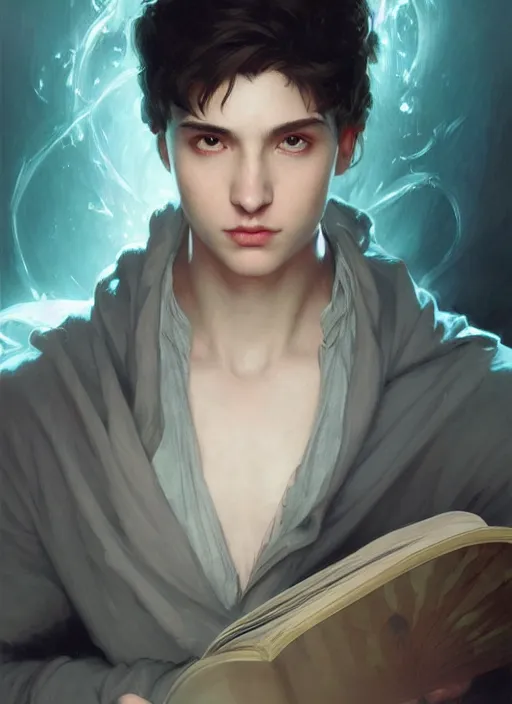 Prompt: character concept portrait of an attractive young focused Spanish wizard with pale teal skin enchanting a drowning spell, a floating iridescent spell book in the center, intricate, elegant, digital painting, concept art, smooth, sharp focus, illustration, from Metal Gear, by Ruan Jia and Mandy Jurgens and William-Adolphe Bouguereau, Artgerm