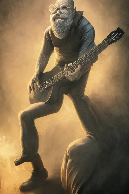 Image similar to a grumpy bald man with a long grey beard playing the guitar, black clothing, 3 d render, hyper - realistic detailed portrait, fantasy, magic the gathering, hyper detailed, octane render, concept art, peter andrew jones, frank frazetta, dan mumford, magali villeneuve