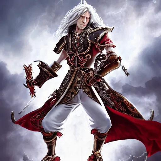 Prompt: Epic rococo painting of Young man with long white hair, wearing a medieval knight's armor of moth white and red tones. Middle age. Castlevania, ultra-detailed. Anime, pixiv, UHD 8K CryEngine, octane render