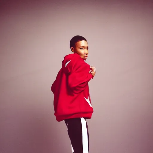 Image similar to realistic! photoshoot for a new nike lookbook, color film photography, portrait of a beautiful woman, red frontal light, in style of tyler mitchell, 35mm