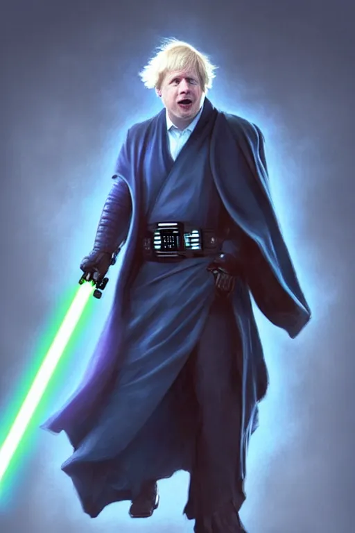 Prompt: Boris Johnson as a Jedi from Star Wars, blue light saber, realistic portrait, symmetrical, highly detailed, digital painting, artstation, concept art, smooth, sharp focus, illustration, cinematic lighting, art by artgerm and greg rutkowski and alphonse mucha