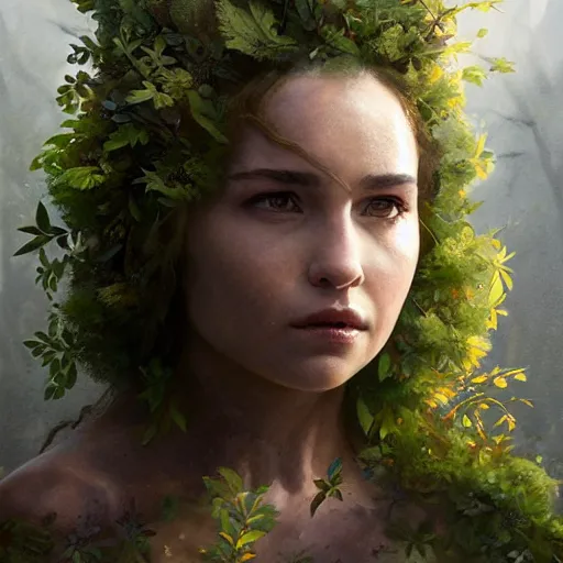 Image similar to emilia clark as a dryad, her skin are yellow leaves portrait, highly detailed, headshot, digital painting, trending on artstation, concept art, sharp focus, illustration, art by artgerm and greg rutkowski and magali villeneuve