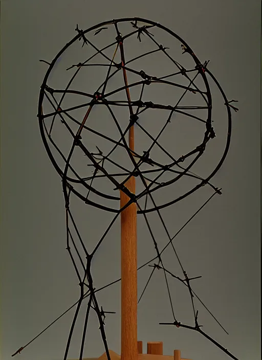 Prompt: realistic photo of a scientific model of an ugly rough globe molecule made of black clay with wooden sticks and branches, front view 1 9 9 0, life magazine reportage photo, metropolitan museum photo