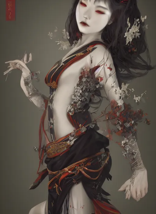 Prompt: etheral beautifull maiko vampire, fluent composition, concept art, ambient light, 4 k, intricate details, highly professionally detailed, cgsociety, highly detailed -