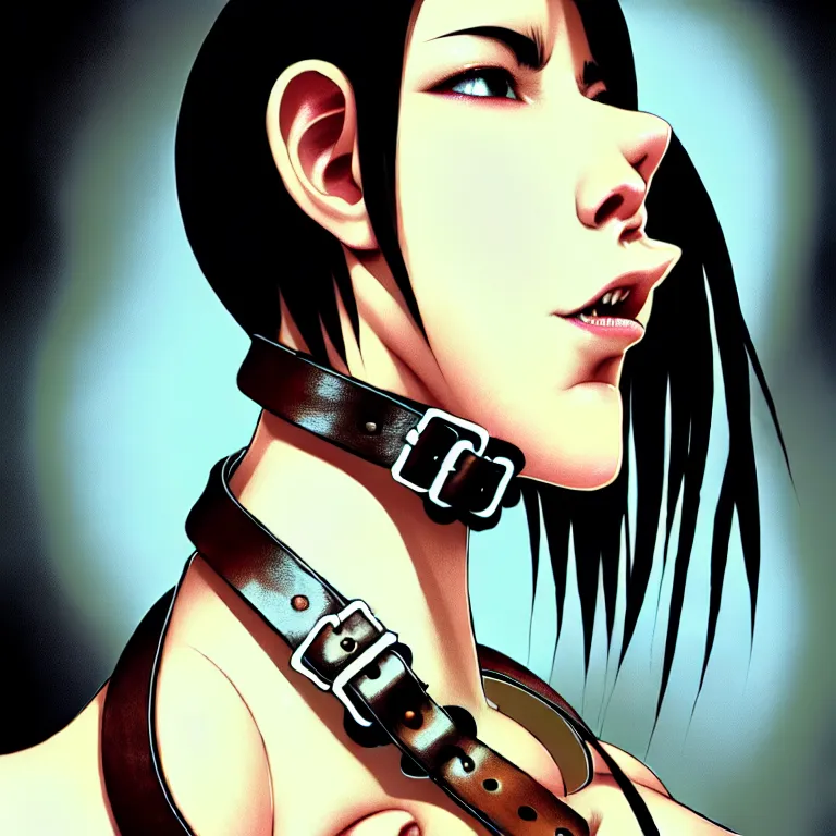 Prompt: bemused to be locked in a leather neck restraint, Tifa Lockhart in a full frame zoom up of her face and neck, looking upwards in a room of old ticking clocks, complex artistic color ink pen sketch illustration, full detail, gentle shadowing, fully immersive reflections and particle effects, concept art by Artgerm, art by Range Murata, art by Studio Ghibli