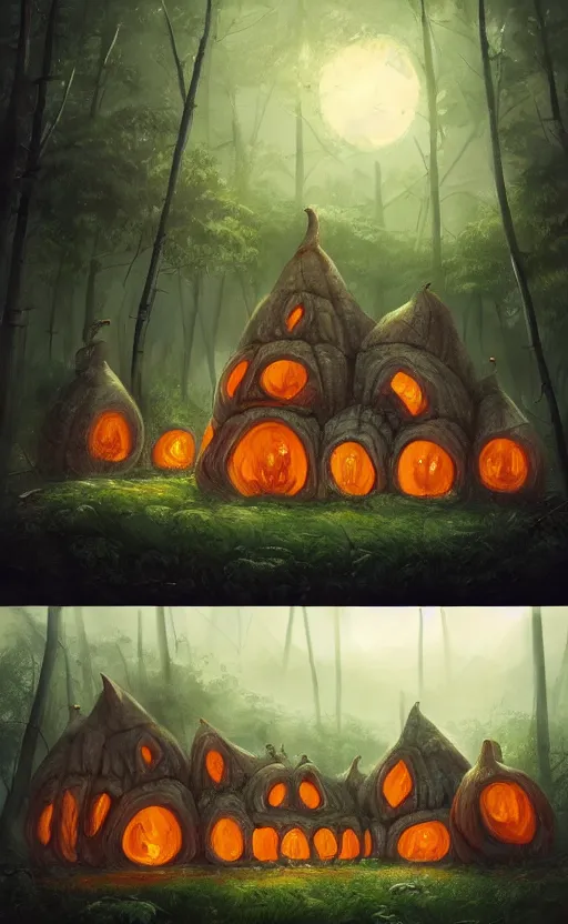 Prompt: a giant pumpkin house in the middle of a forest at night, the lights are on, dynamic lighting, photorealistic fantasy concept art, trending on art station, stunning visuals, creative, cinematic, ultra detailed