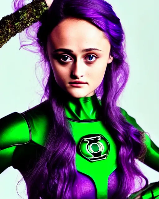 Image similar to photos of beautiful actress Ella Purnell dressed as the Green Lantern Soranik Natu, Photogenic, purple skin, short black pixie like hair, particle effects, photography, studio lighting, in the style of Annie Leibovitz