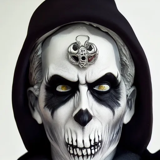 Prompt: very photorealistic photo of a very detailed resin statue of papa emeritus from ghost on a white background, award - winning details