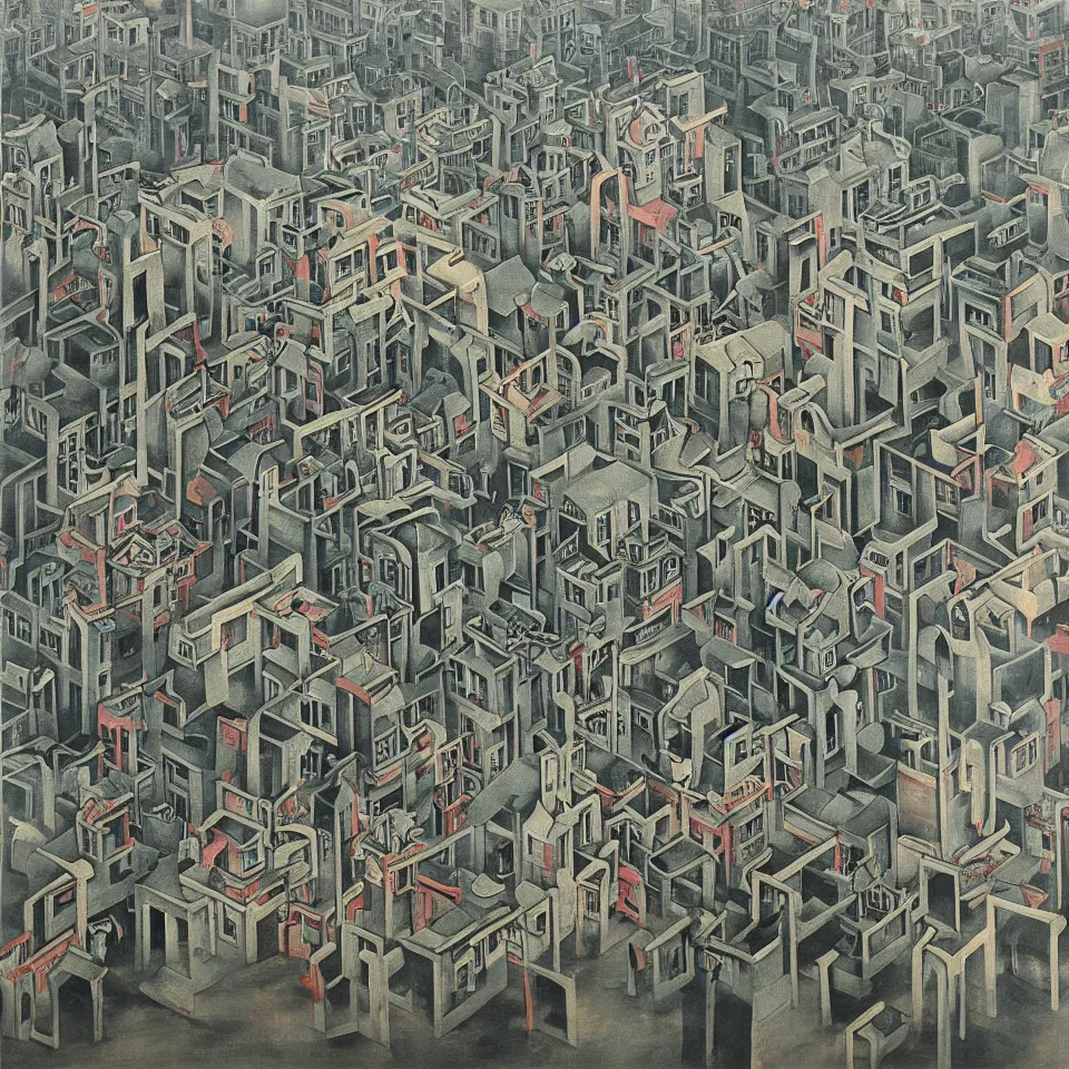 Image similar to a painting of abstract buildings like hongcun ancient village houses by yves tanguy