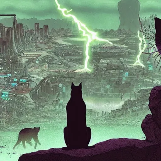 Image similar to a cat is sitting on a rock and looks at a total fallout city, while it is radioactive raining and a wild ghoul is coming nearby, there is a lightning which is purple, the cat is extrem realistic