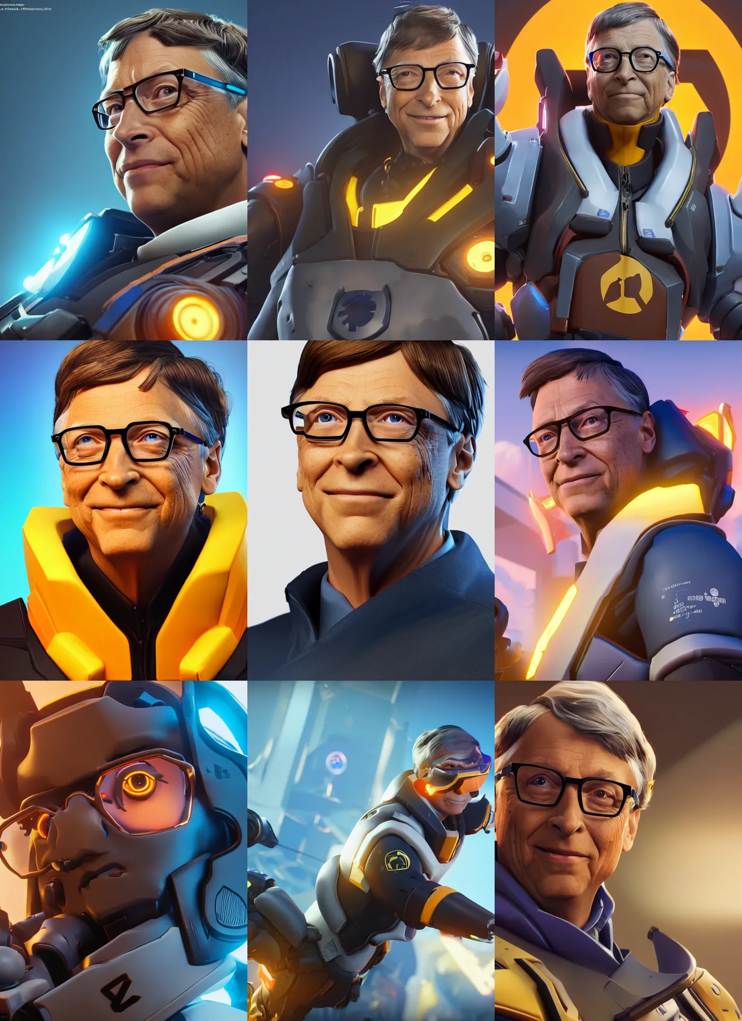 Prompt: bill gates in overwatch, overwatch fanart, trending on artstation, 8 k, octane render