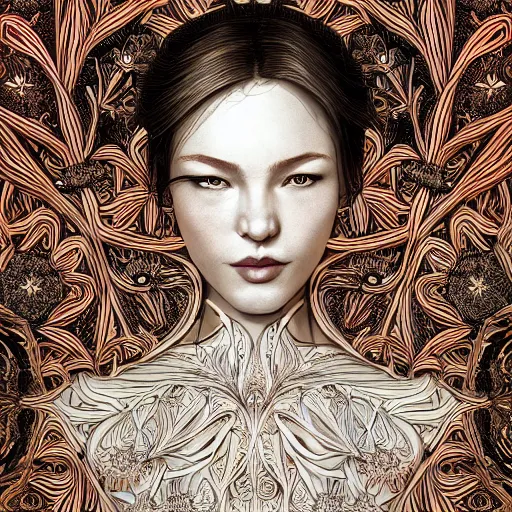 Image similar to the portrait of an incredibly beautiful, graceful, elegant, and sophisticated young woman made of garlic bulbs, an ultrafine detailed illustration by james jean, intricate linework, bright colors, final fantasy, behance contest winner, vanitas, angular, altermodern, unreal engine 5 highly rendered, global illumination, radiant light, detailed and intricate environment