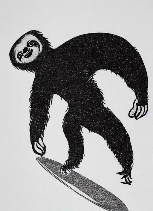 Prompt: black ink drawing of sloth riding surfboard