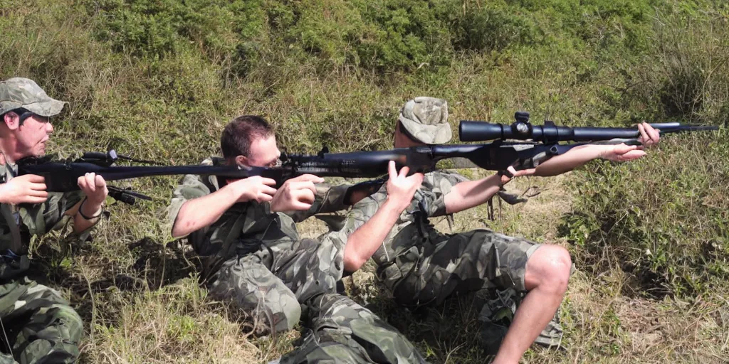 Image similar to nigel and lino practicing sniper marksmanship sniper rifle aruba