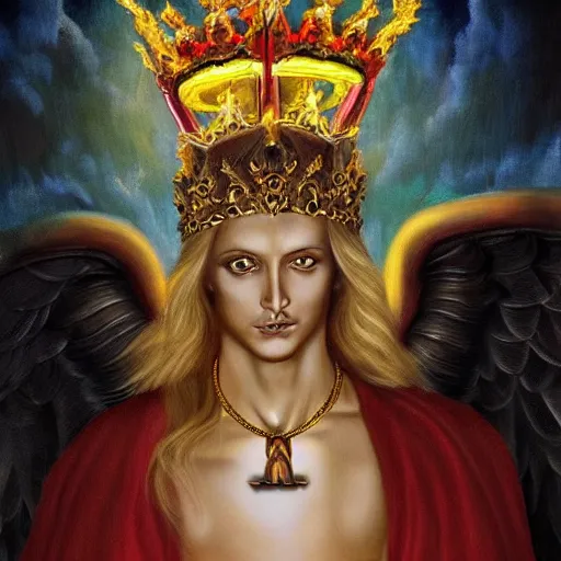 Prompt: Oil canvas of Lucifer, ruler of Inferno, capital sin of Pride, Superbia, natural blonde gold like hair, intricate sophisticated well rounded face, good bone structure, bright glowing eyes as LEDs and neon, lean body, porcelain looking skin, attractive and good looking, tall, invincible, poses triumphantly over the remains of Heaven, wearing a crown made of Michael the archangel skull, by Michelangelo, Dark Fantasy mixed with Socialist Realism, exquisite art, art-gem, dramatic representation, hyper-realistic, atmospheric scene, cinematic, trending on ArtStation, photoshopped, deep depth of field, intricate detail, finely detailed, small details, extra detail, attention to detail, detailed picture, symmetrical, 2D art, digital art, golden hour, oil painting, 8k, 4k, high resolution, unreal engine 5, octane render, arnold render, 3-point perspective, polished, complex, stunning, breathtaking, awe-inspiring, award-winning, ground breaking, concept art, nouveau painting masterpiece