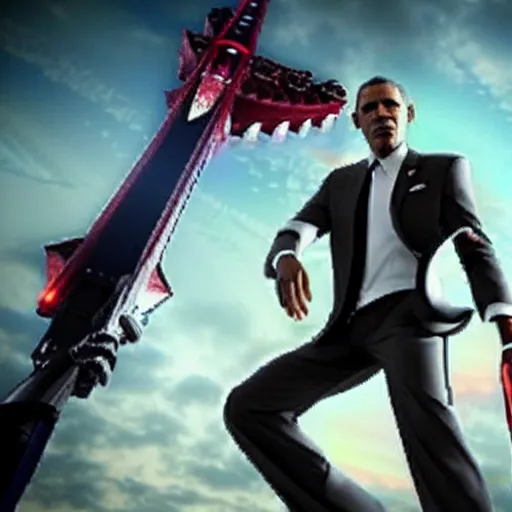 Image similar to Barak Obama as a character in Devil May Cry, film still, photorealistic, medium shot