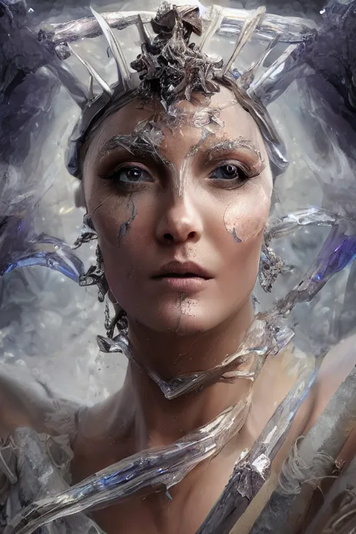 Prompt: fantasy character concept portrait, digital painting, wallpaper of a goddess, crystallized skin, with veins of obsidian and silver, renaissance nimbus overhead, by aleksi briclot, by laura zalenga, by alexander holllow fedosav, 8 k dop dof hdr, vibrant