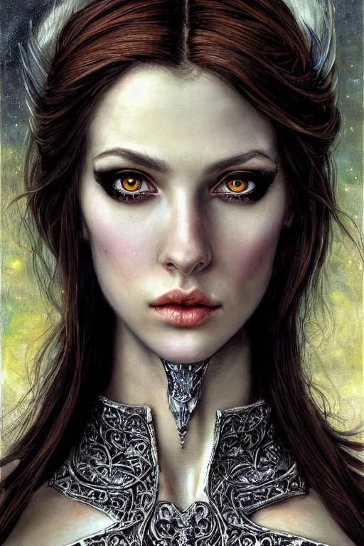 Image similar to high quality extremely detailed closeup portrait of a young gorgeous female necromancer looking away from the camera, detailed eyes, sparkle in eyes, no hands visible, fantasy, d & d, intricate, painting by lucian freud and mark brooks, hd