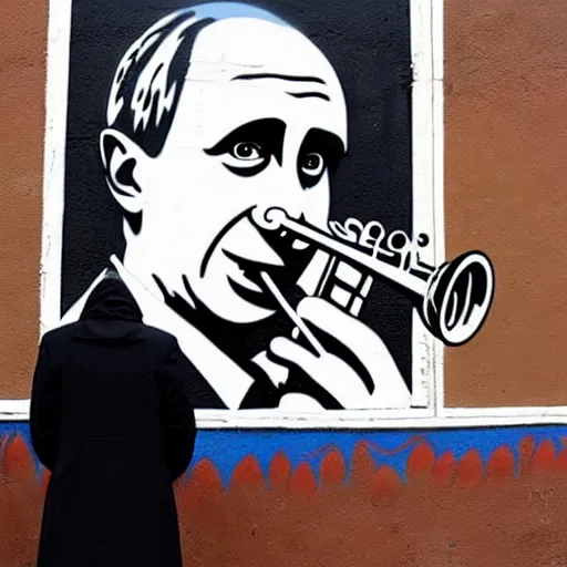 Image similar to Graffiti by Banksy of Vladimir putin playing the saxophone